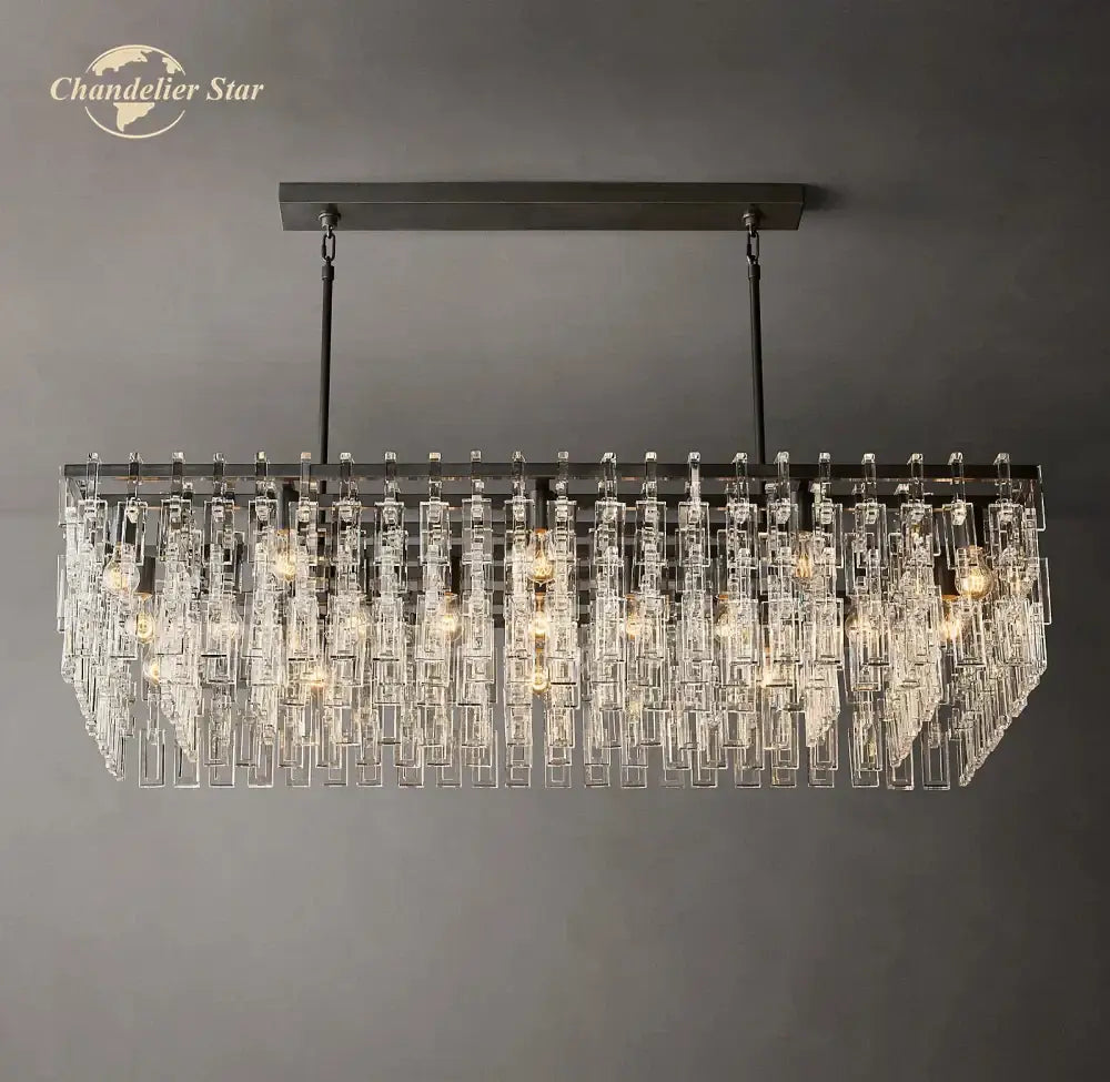 A modern decorbites black marignan rectangular chandelier with dark metal frame and cascading clear crystal prisms for living room