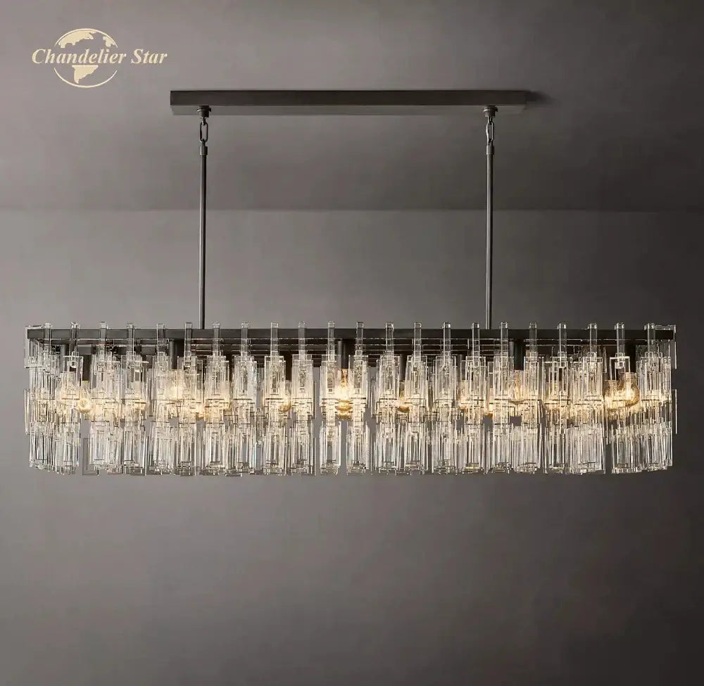 Modern rectangular chandelier with black metal frame and cascading clear crystal prisms from decorbites black marignan collection