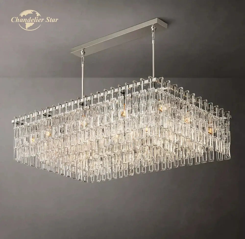 Rectangular crystal chandelier with sleek chrome frame and hanging rods in decorbites black marignan for living dining room