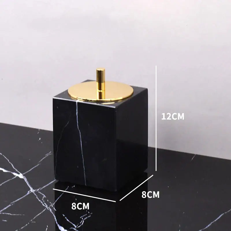 Black marquina bathroom set decorbites black marquina cube with gold circular lid and knob 12cm tall 8cm wide