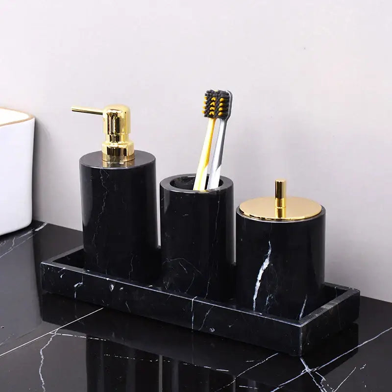 Decorbites black marquina bathroom set with black marble and gold-tone accents includes soap dispenser toothbrush holder and container