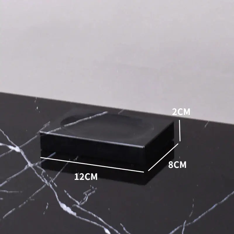 Black marquina rectangular soap dish with a smooth glossy finish and raised edges from decorbites black marquina bathroom set