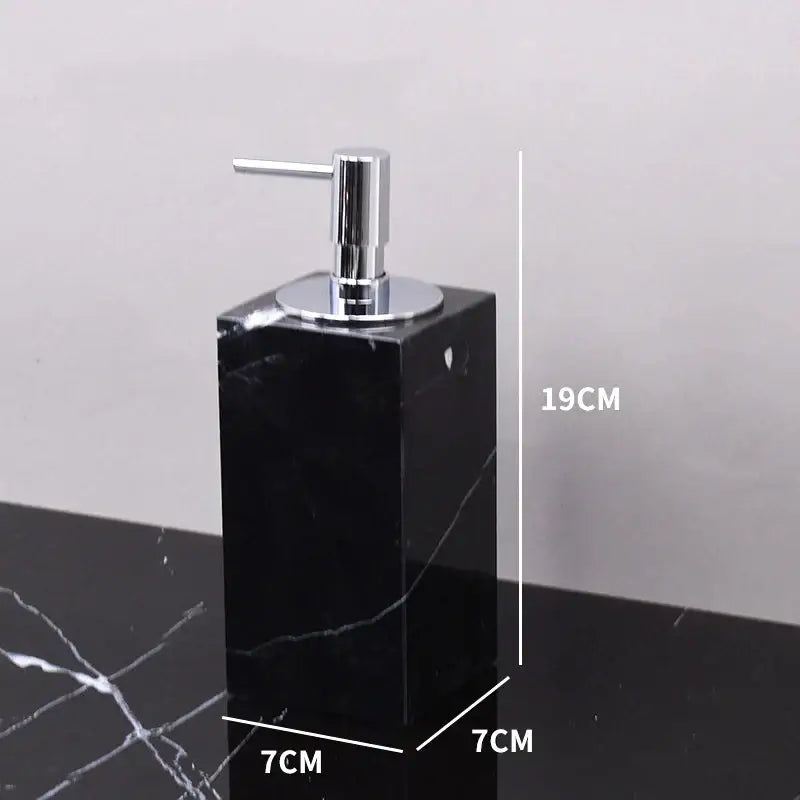 Black marquina soap dispenser with sleek chrome pump part of decorbites black marquina bathroom set