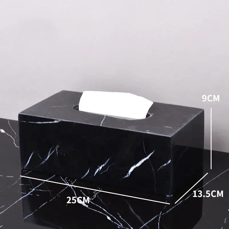 Black marquina tissue box with white veining and rectangular opening part of the decorbites black marquina bathroom set