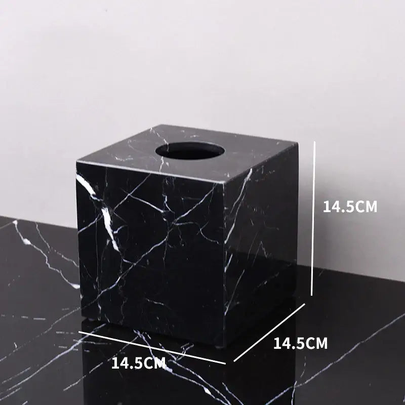 Black marquina tissue box in 14.5cm cube design part of decorbites black marquina bathroom set