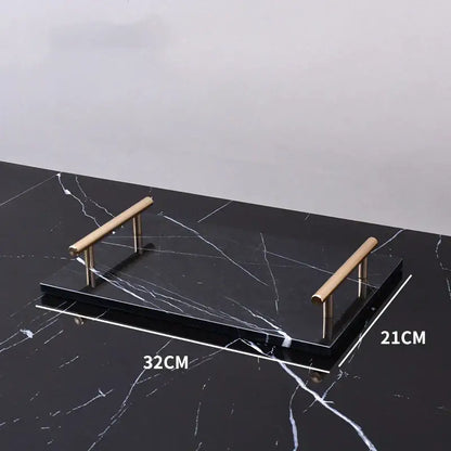 Decorbites black marquina black marble serving tray with gold-toned metal handles for bathroom set use
