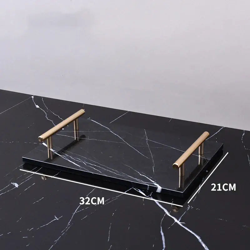 Decorbites black marquina black marble serving tray with gold-toned metal handles for bathroom set use