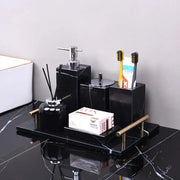 Black marquina bathroom set by decorbites featuring black marble tray with gold handles and matching holder dispenser diffuser