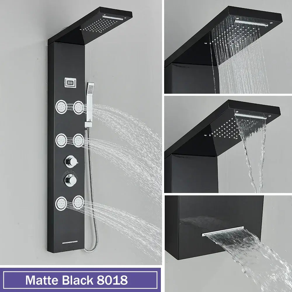 Matte black decorbites black massage shower panel with temperature display and 5 spray modes including waterfall feature