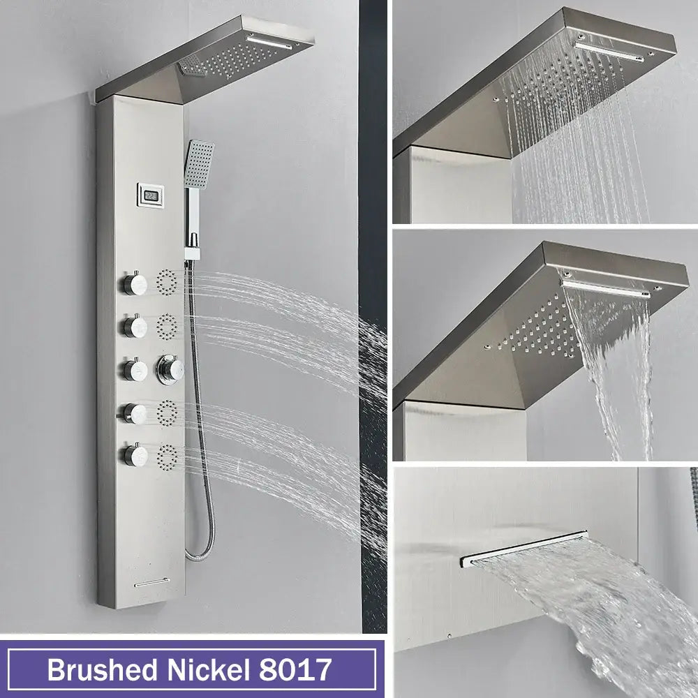 Decorbites black massage brushed nickel shower panel with temperature display 5 modes and handheld shower