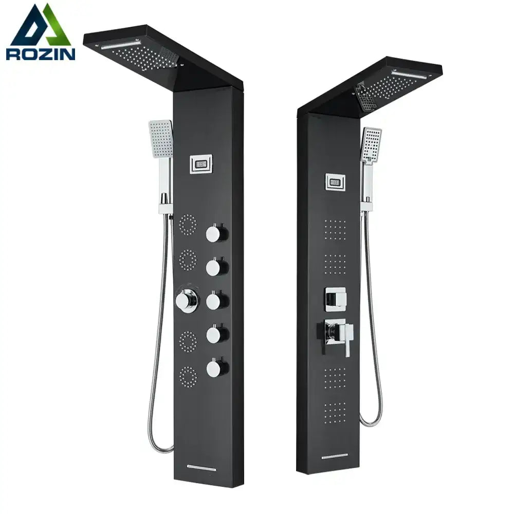 Black DecorBites massage jet rainfall shower panel with chrome accents temperature display and five spray modes