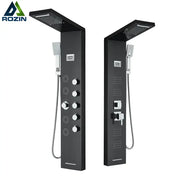 Black DecorBites massage jet rainfall shower panel with chrome accents temperature display and five spray modes