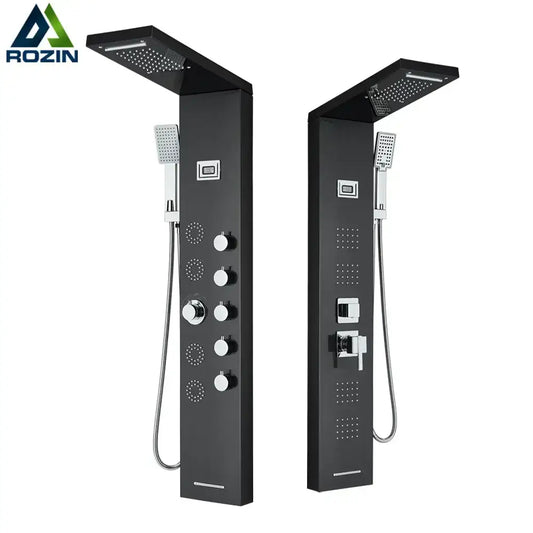 Black DecorBites massage jet rainfall shower panel with chrome accents temperature display and five spray modes