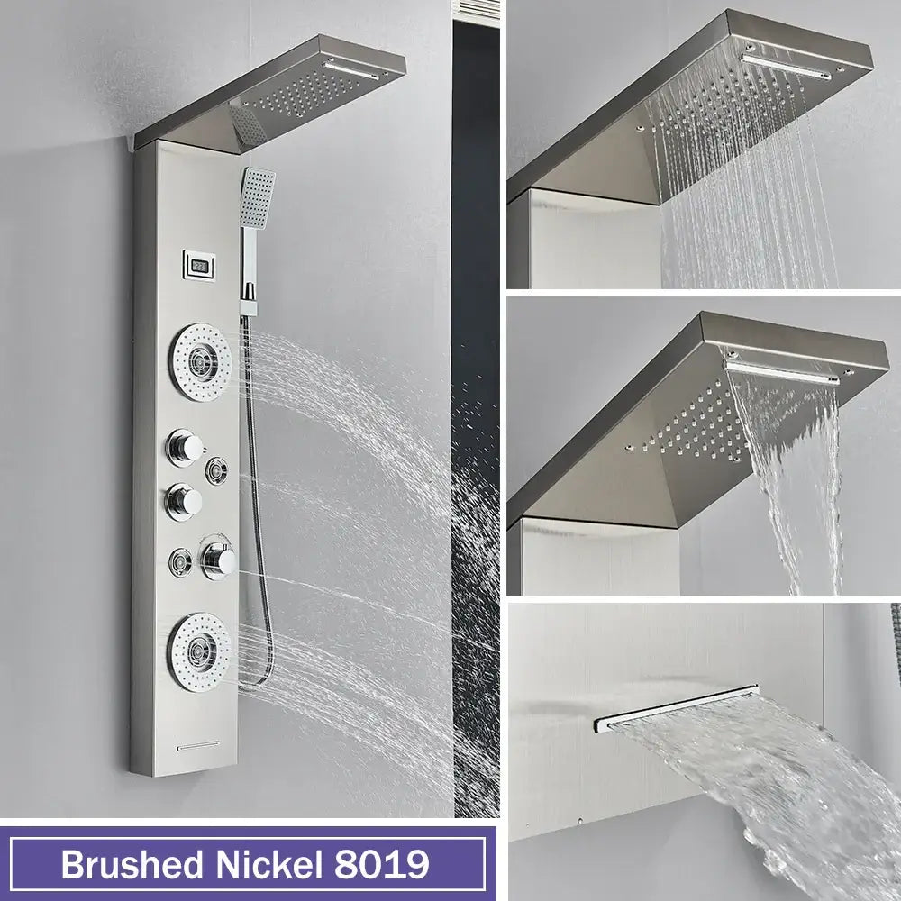 Brushed nickel decorbites black massage shower panel with large rainhead temperature display and multiple jets