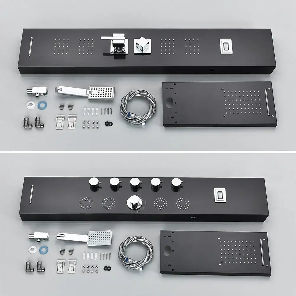 Decorbites black massage jet rainfall shower panel with black matte finish chrome accents temperature display and multiple nozzles