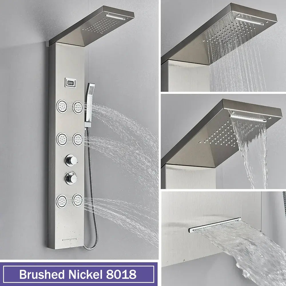Decorbites black massage jet rain shower panel with brushed nickel 8018 system temperature display and handheld nozzle