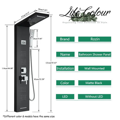 Matte black decorbites black massage shower panel with temperature display and overhead rain shower head wall mounted design