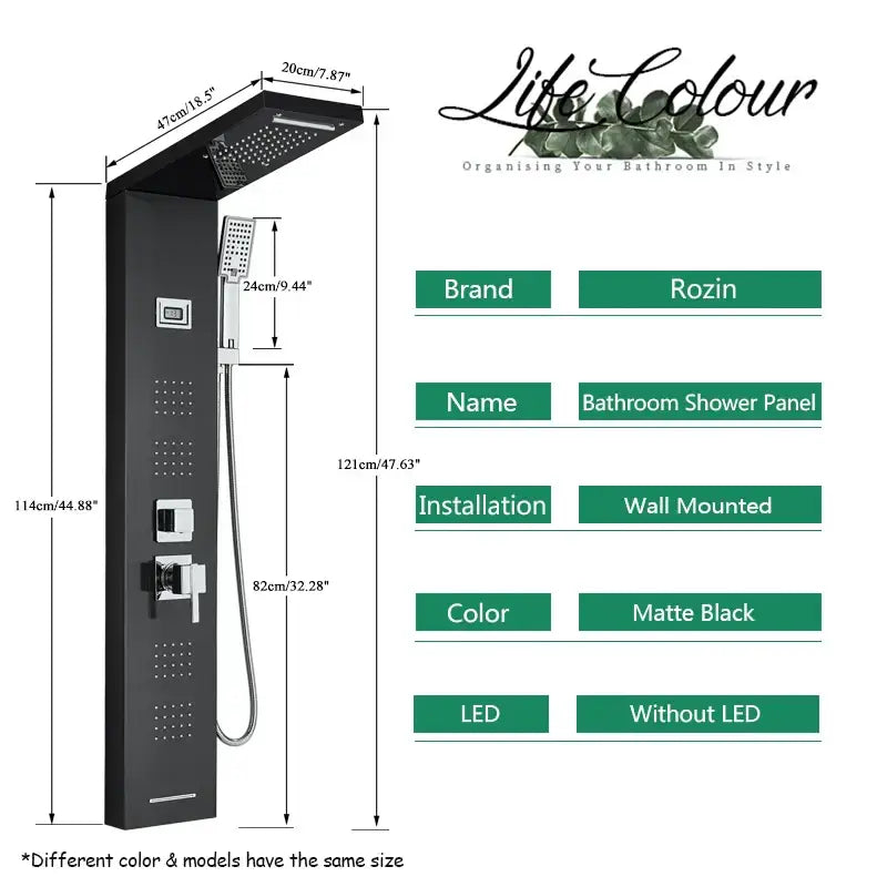 Matte black decorbites black massage shower panel with temperature display and overhead rain shower head wall mounted design