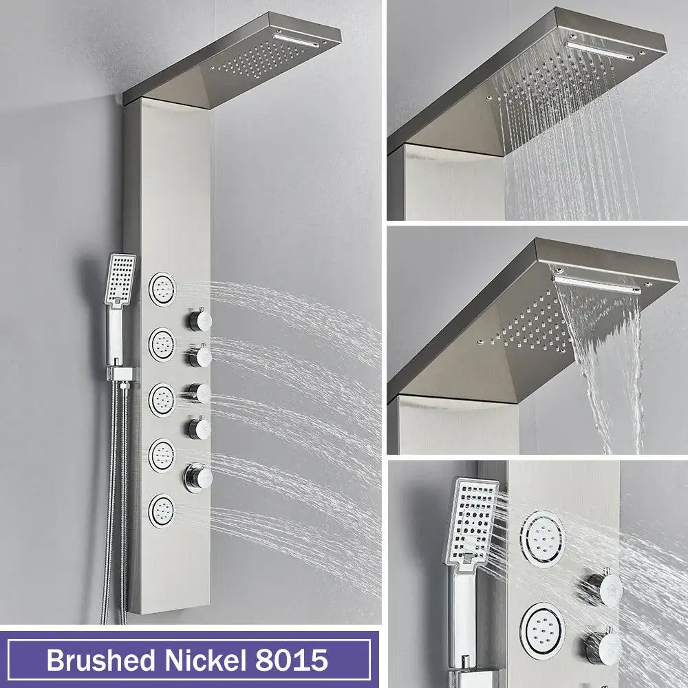 Brushed nickel decorbites black massage shower panel with temperature display rainhead and multiple handshower options