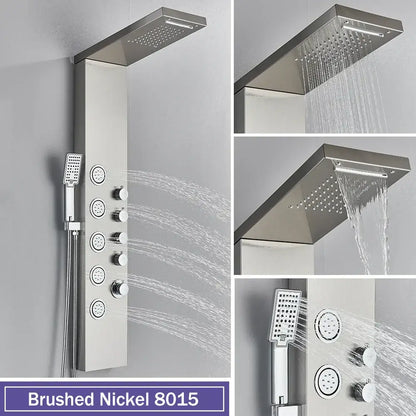 Brushed nickel decorbites black massage shower panel with temperature display rainhead and multiple handshower options