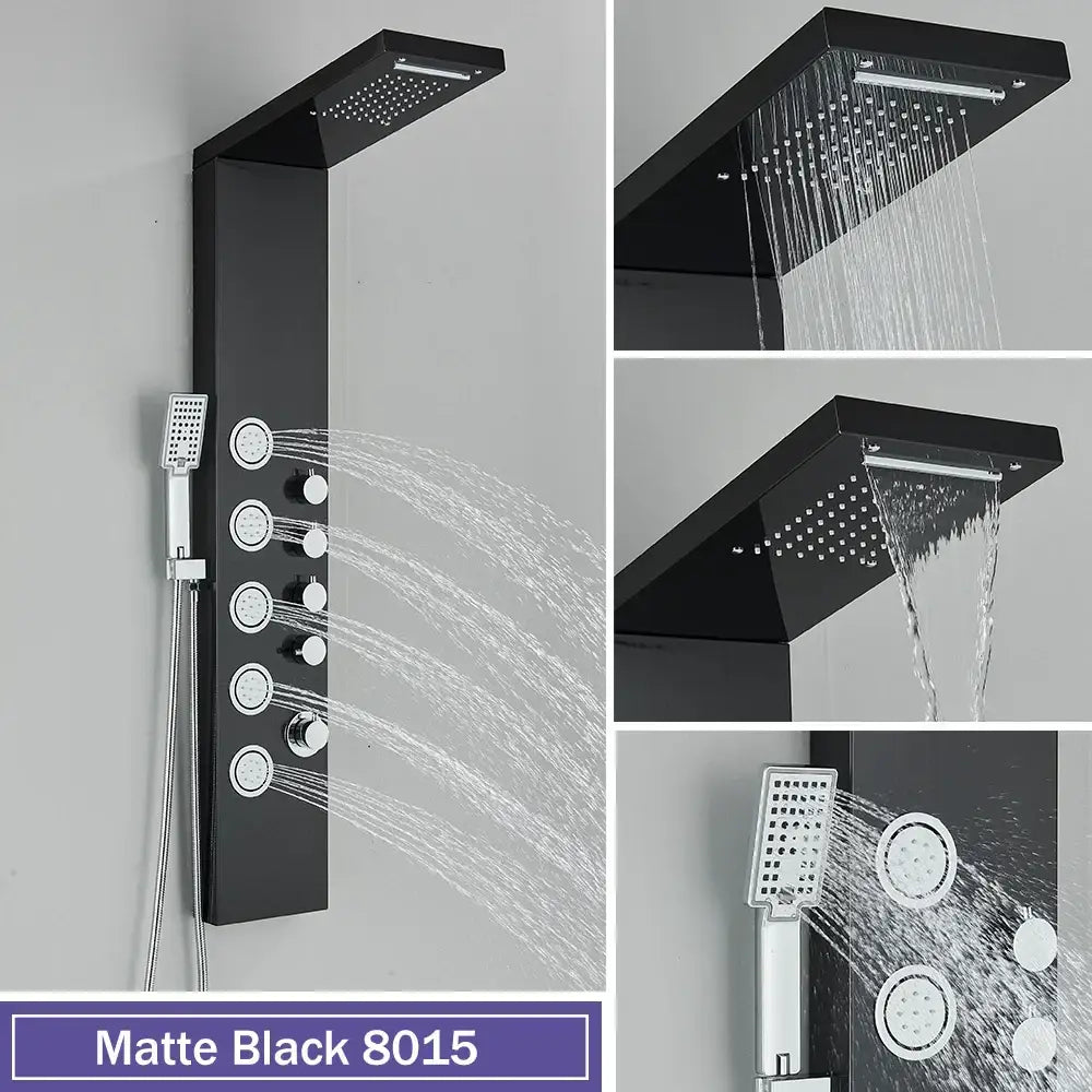 Matte black DecorBites black massage shower panel with rectangular rainhead temperature display and five modes