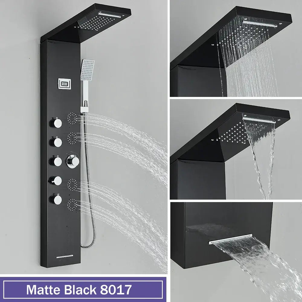 Matte black decorbites black massage shower panel with temperature display and five spray modes in modern design