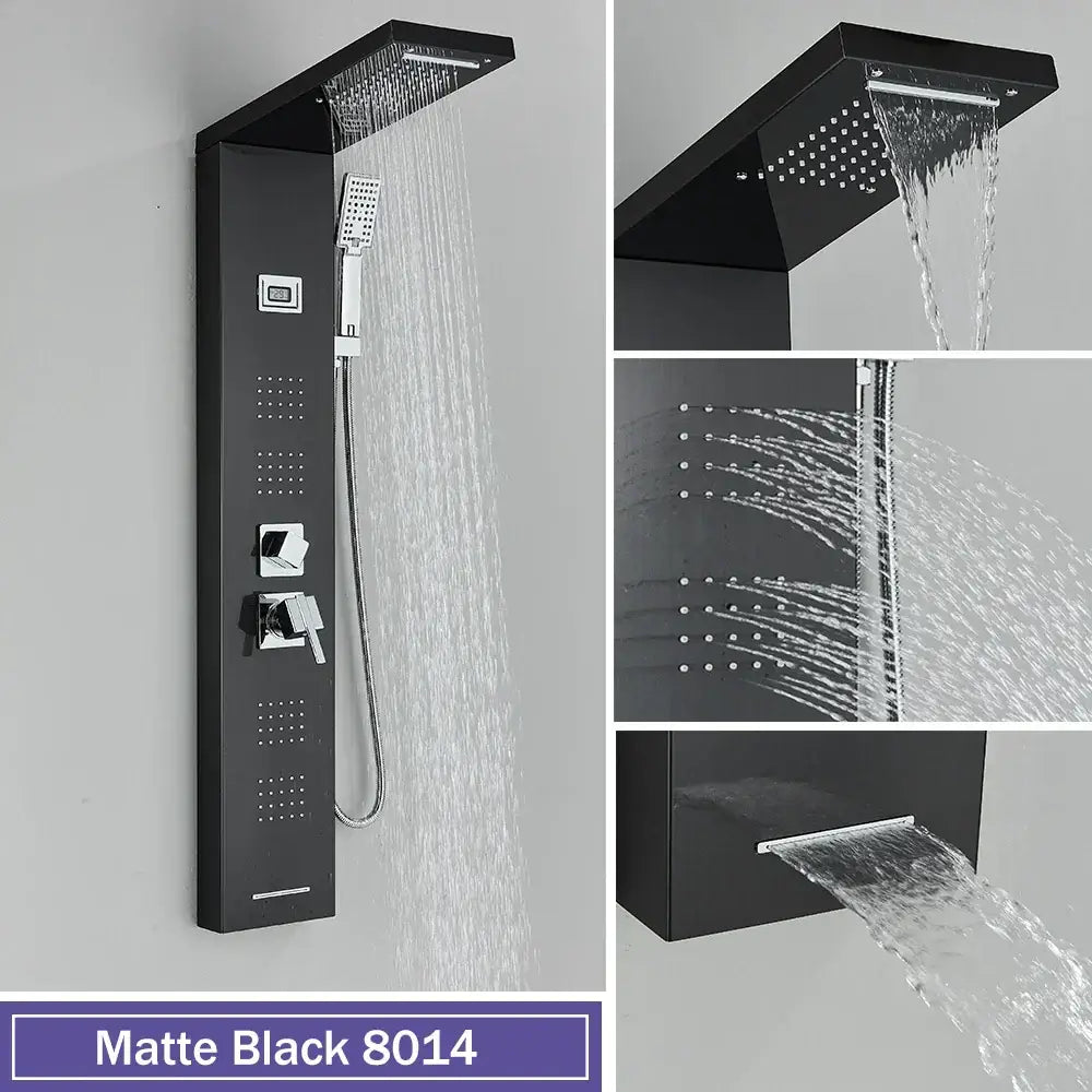Matte black DecorBites black massage shower panel with temperature display rainhead handheld and multiple jet settings