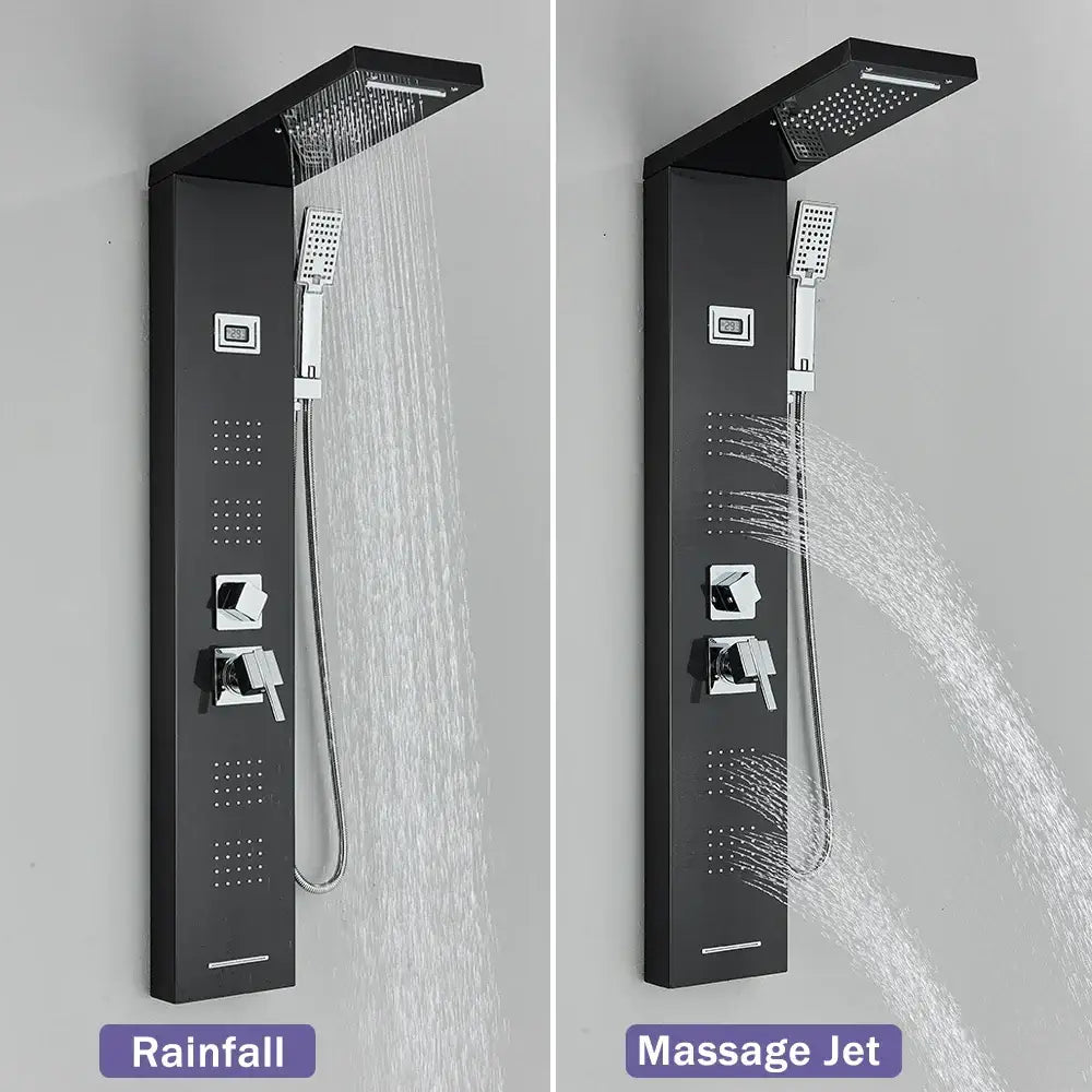 Decorbites black massage jet rainfall shower panel in matte finish with temperature display and chrome controls