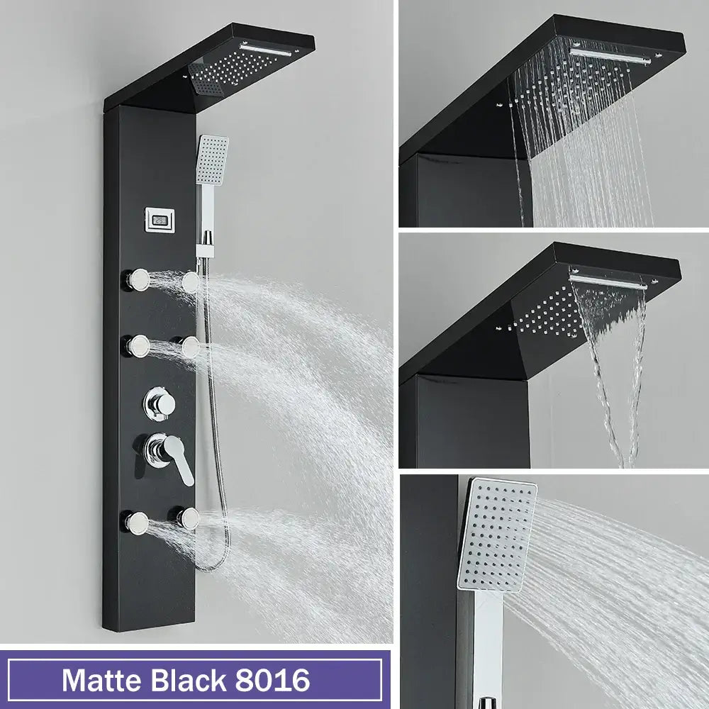 Matte black decorbites black massage shower panel with rectangular rainhead handheld spray and temperature display