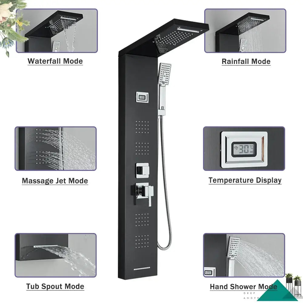 Decorbites black massage jet rainfall shower panel in black matte with temperature display and five spray modes