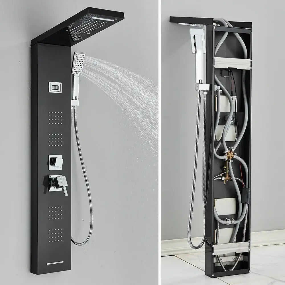 Black modern shower panel with chrome accents and temperature display decorbites black massage jet rainfall system