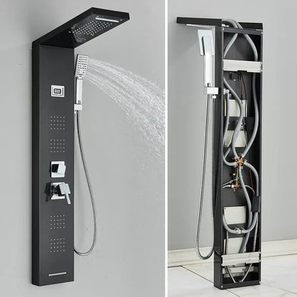 Black modern shower panel with chrome accents and temperature display decorbites black massage jet rainfall system