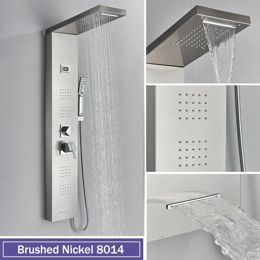 Brushed nickel shower panel with large rectangular rainhead handheld spray nozzle and decorbites black massage temperature display