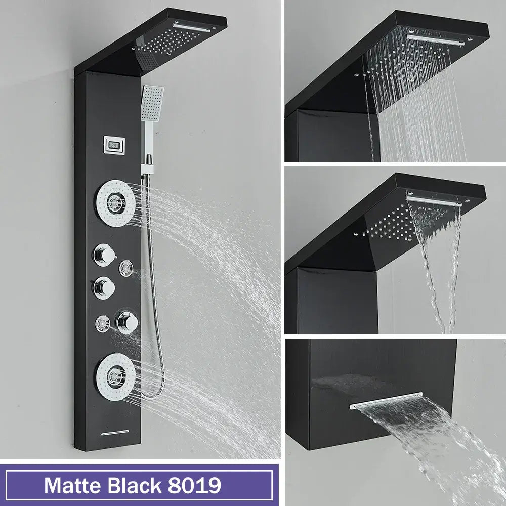 Matte black decorbites black massage shower panel with temperature display rain shower head and 5 spray modes