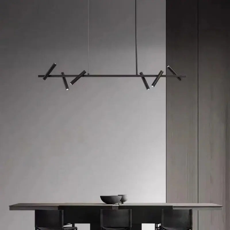 Decorbites black metal chandelier featuring sleek angular arms with integrated led bulbs for minimalist dining rooms