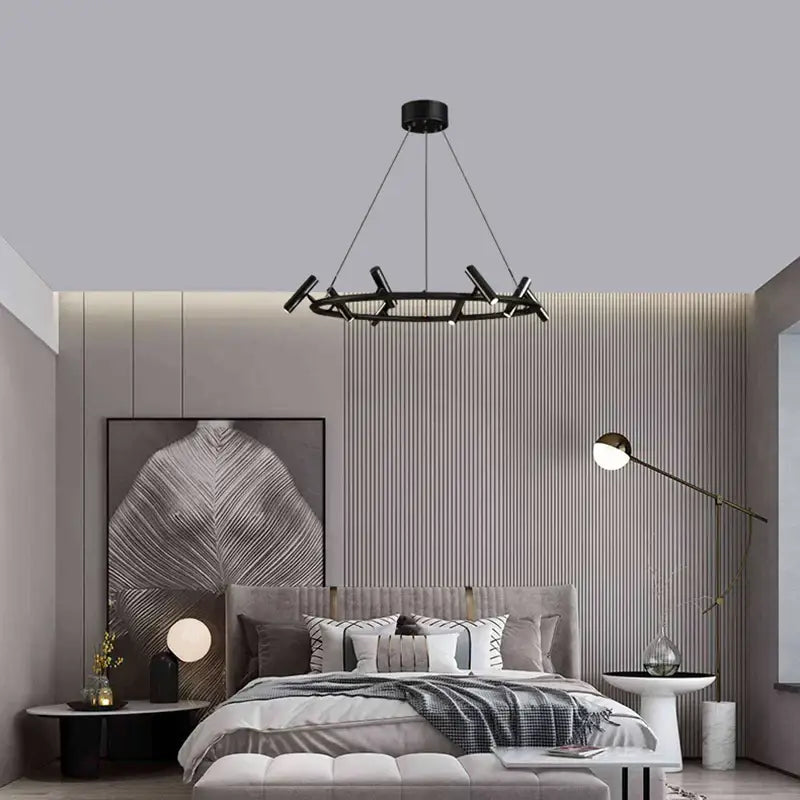 Black metal chandelier by decorbites with angular arms and embedded leds for minimalist dining room lighting