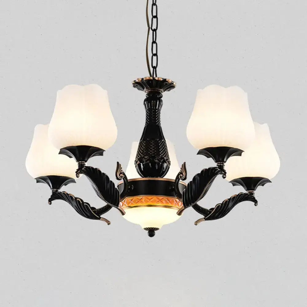 Decorbites black metal chandelier with five frosted glass shades and central amber gold accent for elegant lighting