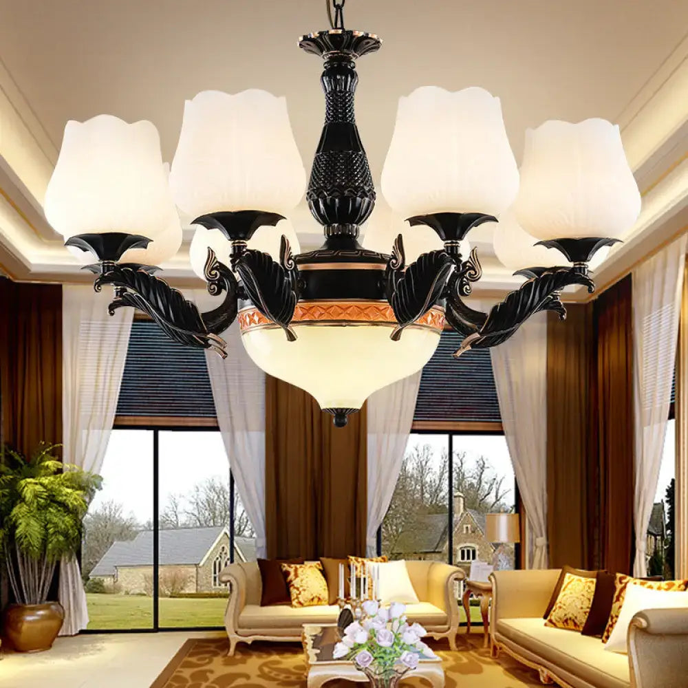 Decorbites black metal chandelier with five white tulip-shaped frosted glass shades and central frosted glass bowl