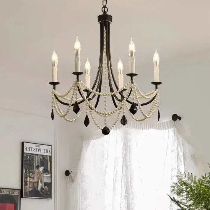 Black wrought iron decorbites black metal led candle chandelier with white pearls and black teardrop crystals for dining room