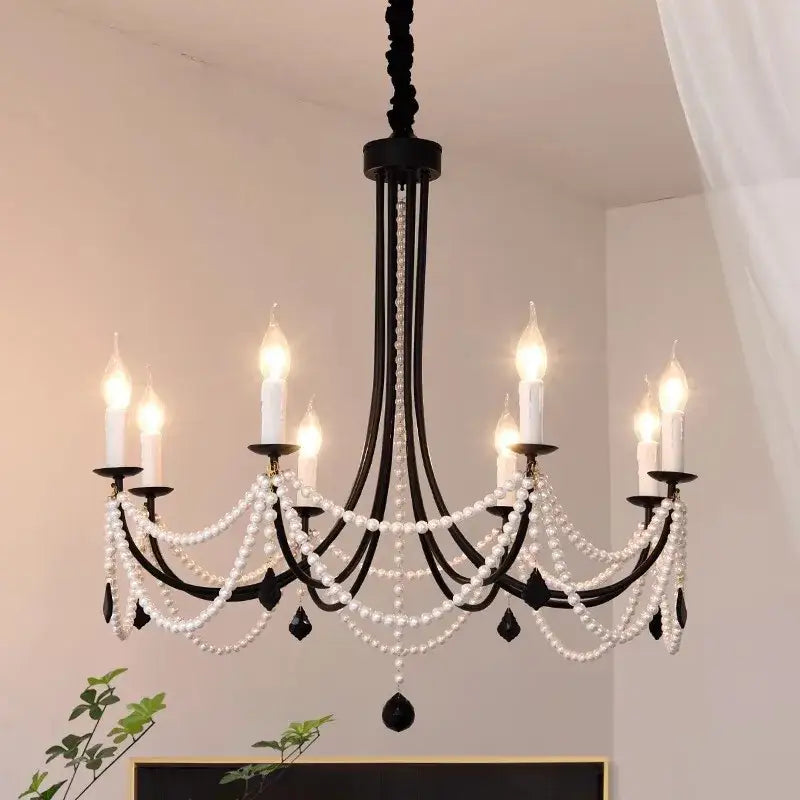 Decorbites black metal led candle chandelier with white pearl strands and black teardrop accents for dining room light
