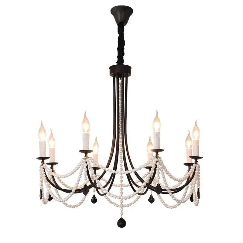 Elegant decorbites black metal led candle chandelier with white pearls and teardrop crystals for dining room lighting