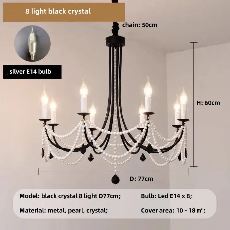 Decorbites black metal led chandelier with white pearls black crystals and eight silver e14 leds for dining room light