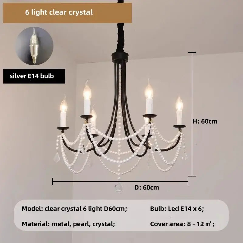 Decorbites black metal led candle chandelier with white pearls clear crystals and six silver e14 led bulbs for dining room light