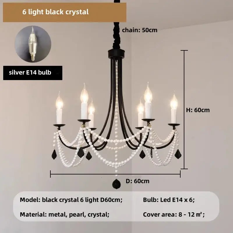 Decorbites black metal led chandelier with six silver e14 bulbs and cascading pearls for dining room lighting