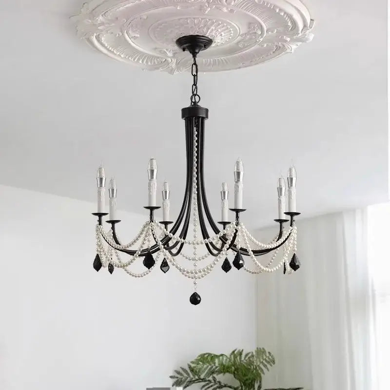 Decorbites black metal led candle chandelier with white pearls and black teardrop crystals for dining room lighting