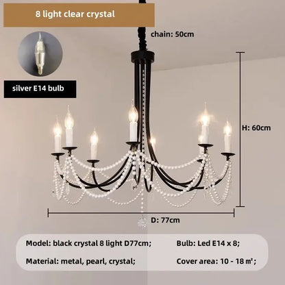 Decorbites black metal led candle chandelier with eight clear glass lights and white pearl strands for dining room use