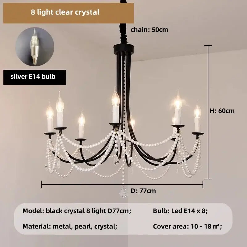 Decorbites black metal led candle chandelier with eight clear glass lights and white pearl strands for dining room use