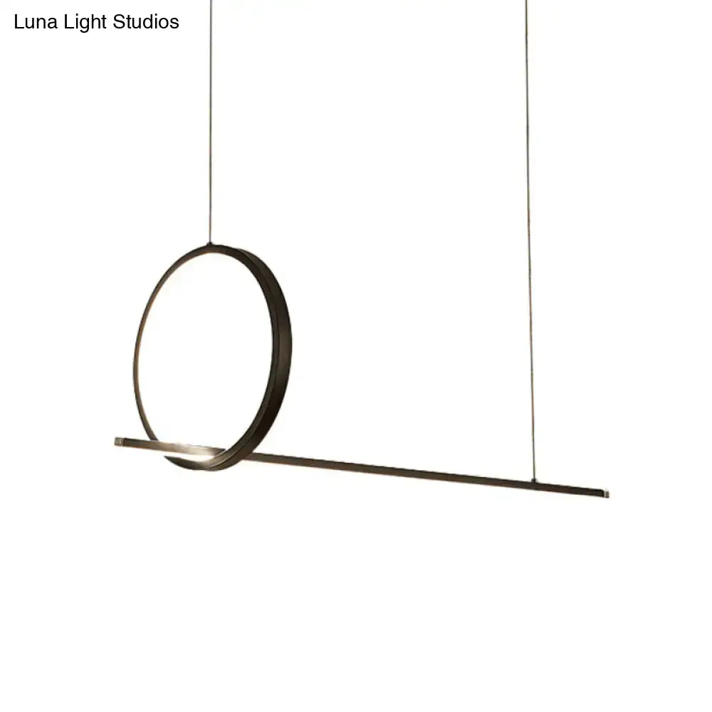 DecorBites black metal LED ring island light with modern circular pendant and horizontal bar for kitchen ceiling use