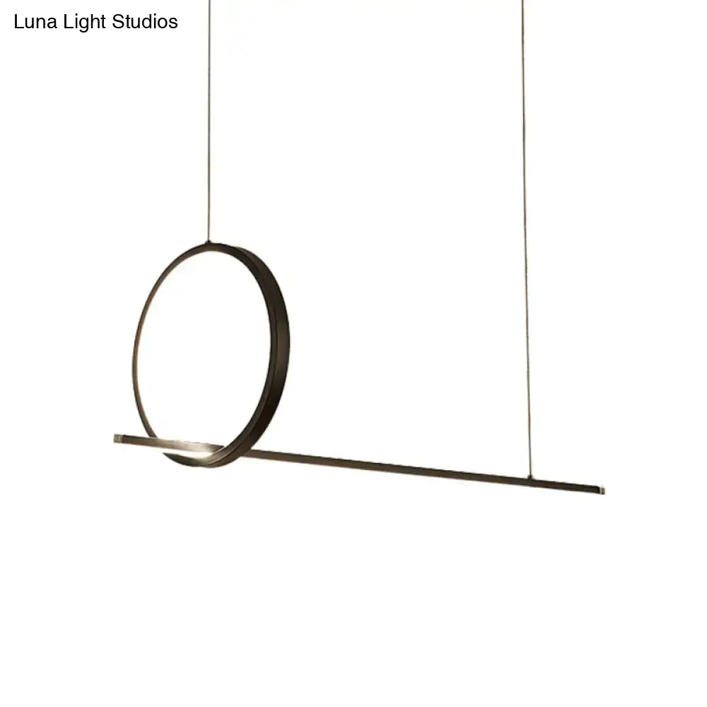 Minimalist black metal LED ring island light with circular pendant and sleek bar design for kitchen ceiling use