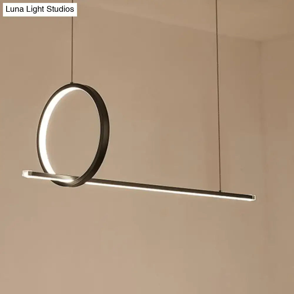 Modern minimalist black metal LED linear pendant and ring island light with illuminated inner glow for kitchen ceiling